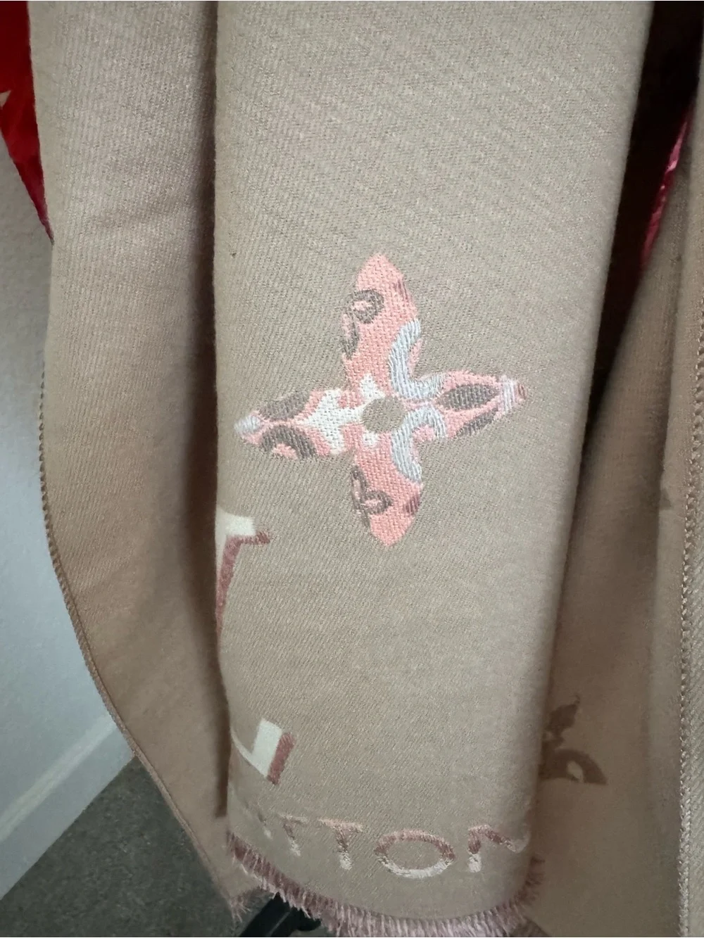 Louis Vuitton Beige & Pink Logo Cashmere Scarf